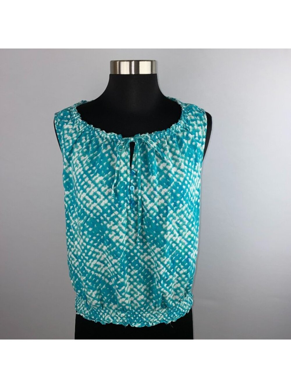ANA Womens Petite Large L Blue Turquoise Elastic Neck Keyhole Lightweight Top